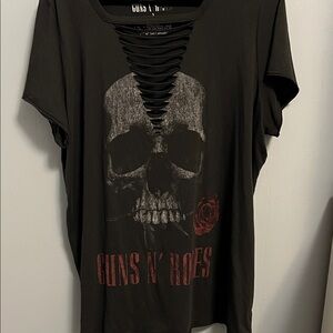 Guns N’ Roses Black Skull Graphic Women's Top with Cutout Ladder Neckline